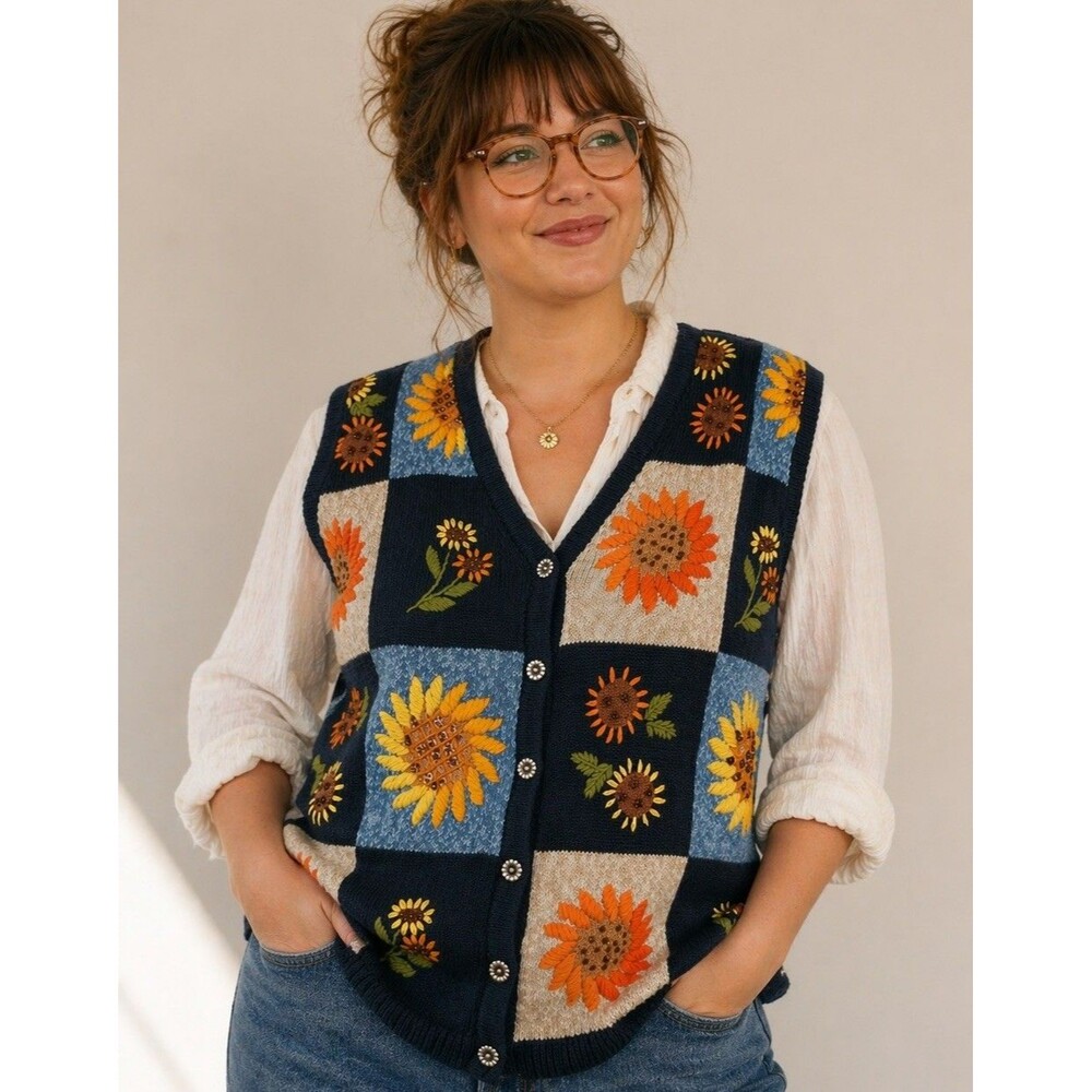White Stag Plus 18W/20W Sunflower Sweater Vest NWT Beaded Patchwork Floral Knit
